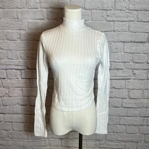 Zenana Women's M White Ribbed Mock Neck Long Sleeve Top Cleanfit Coquette